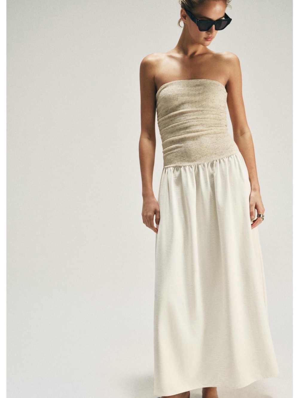 Zara Neutral Strapless Maxi Dress with Textured Bodice